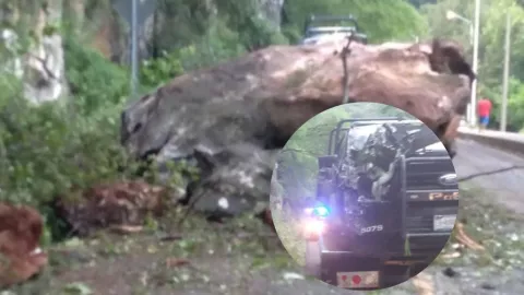 Piedra gigante impacta patrulla de la policía estatal, Ahuacatlan de Guadalupe Pinal de Amoles Querétaro