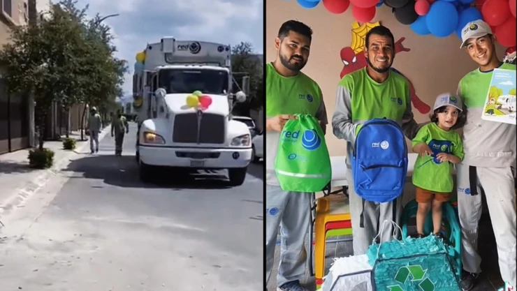 Recolectores de basura felicitan a niños.