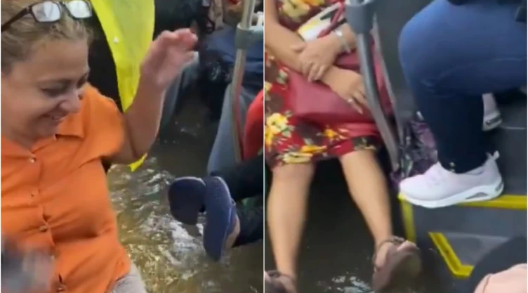 Los pasajeros quedaron atrapados en el autobús inundado en Mérida, Yucatán.