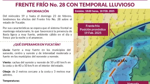 ¡ALERTA! Prevén ingreso del frente frío 28 a Yucatán; tiene características de estacionario.