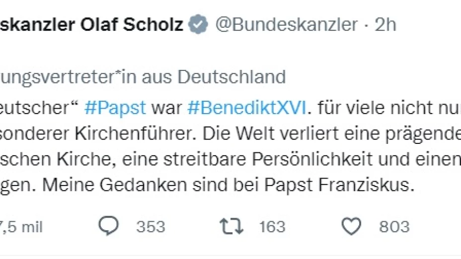 olaf scholz despide benedicto xvi