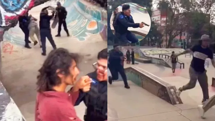 Policías golpean a patinadores y les apuntan con sus armas en operativo en skatepark de Parque Lira en CDMX.