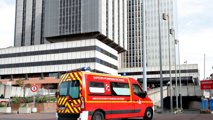 An emergency vehicle arrives at the Bichat Hospital in Paris