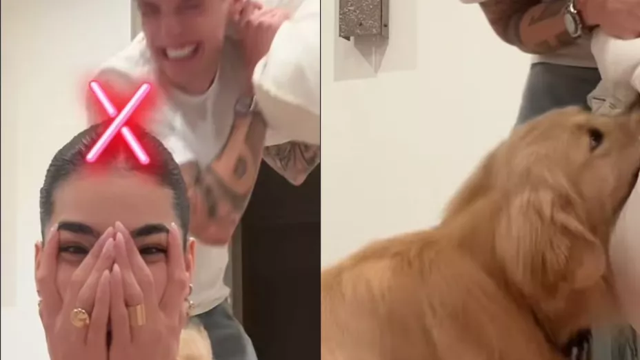 ¡Fuerte VIDEO! Peso Pluma golpea a Kenia Os con un almohada y su perro la defiende en reto viral