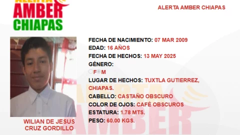 ALERTA AMBER CHIAPAS: Wilian de Jesús Cruz Gordillo desapareció en Tuxtla Gutiérrez