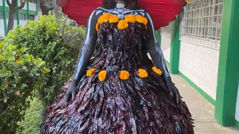 Día de Muertos 2024: Chiapaneca se hace viral por su disfraz de Catrina hecho de chiles Guajillos
