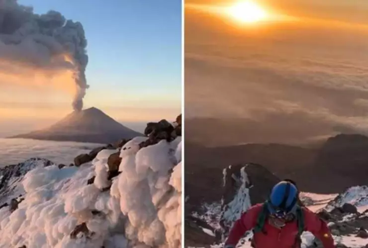 Captan alpinistas impresionante fumarola del volcán Popocatépetl desde la cima del Iztaccíhuatl