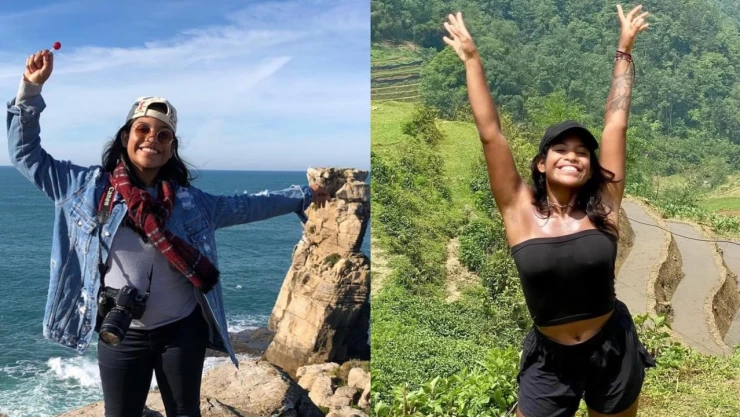 Fotos de Juliana Marins enfente del mar y de un cerro con vegetación.