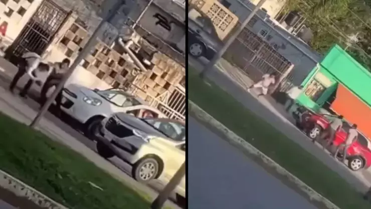 VIDEO_ Captan a cinco hombre agarrarse a golpe en calles en la avenida Bonampak