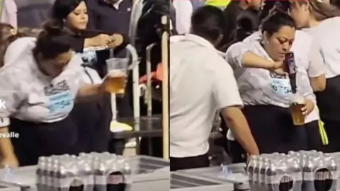 ¡El descaro! Exhiben a vendedora de cerveza que ‘recicla’ los tragos que sobran