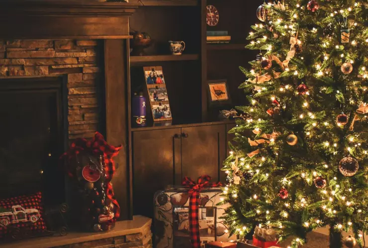 un árbol de Navidad junto a una chimenea