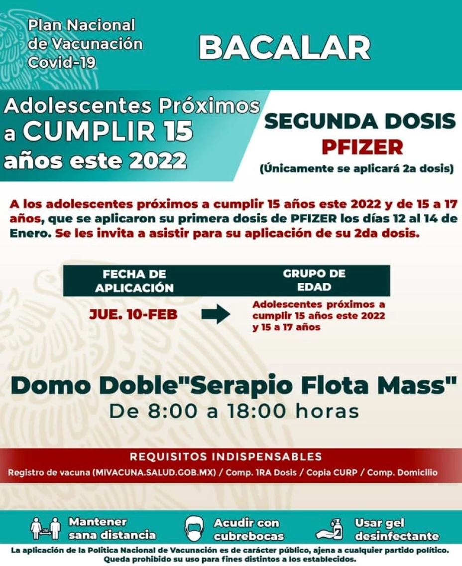 Anuncian segunda dosis para adolescentes de 15 años en Bacalar