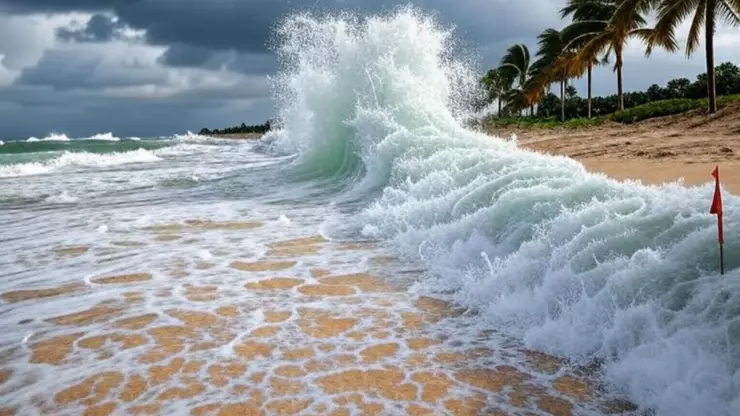 (Imagen generada con inteligencia artificial) Olas de mar, nubosidad de tormenta y bandera roja en la playa para indicar que se acerca un huracán.