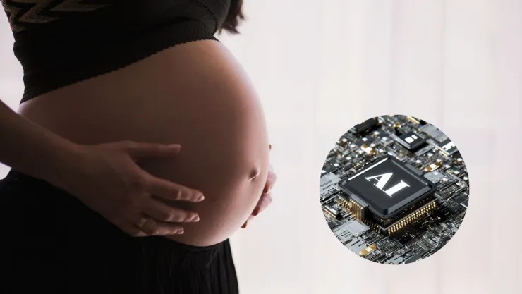 Imagen del vientre de una mujer embarazada y de un chip con las siglas AI.