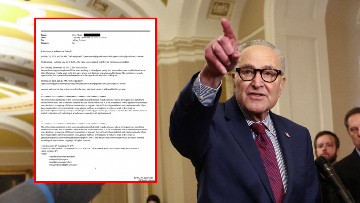 De fondo: El líder de la minoría del Senado de EE. UU., Chuck Schumer (D-NY), responde una pregunta mientras habla con los periodistas después del almuerzo semanal sobre políticas del grupo parlamentario demócrata del Senado en el Capitolio de EE. UU. en Washington, DC, EE. UU.
En un marco rojo: En esta imagen, publicada por el Departamento de Justicia en Washington, D.C., EE. UU., el 30 de enero de 2026, se muestra un intercambio de correos electrónicos con Elon Musk. Esta imagen forma parte de un nuevo conjunto de documentos de sus investigaciones sobre el difunto financiero y delincuente sexual convicto Jeffrey Epstein . Departamento de Justicia de EE. UU.