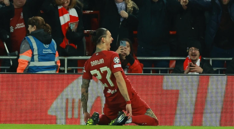 Darwin Nuñez celebra el gol del Liverpool ante Real Madrid