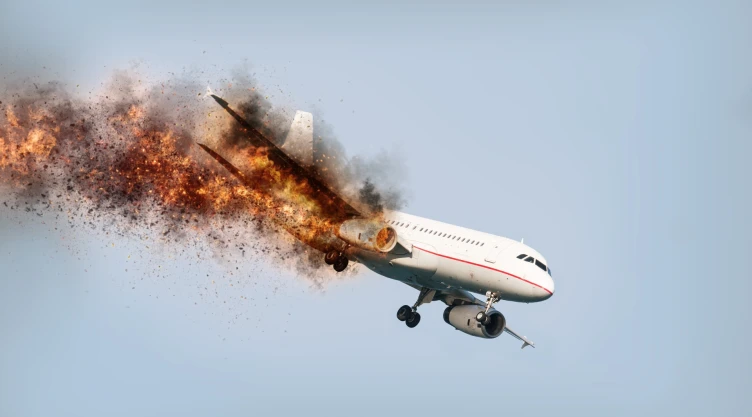 Un avión con un ala con fuego