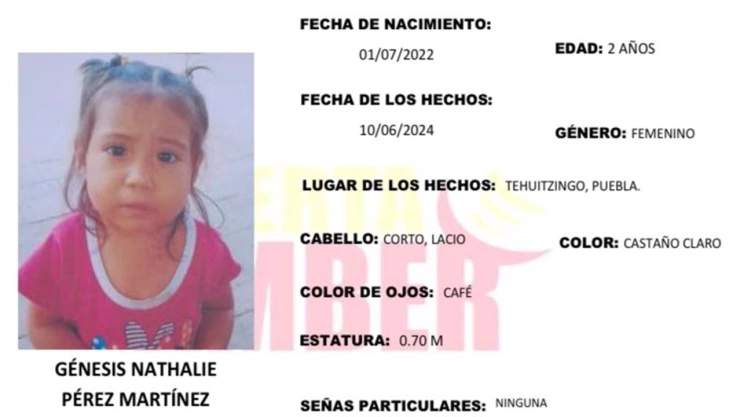 Activan Alerta Amber por Génesis Nathalie Pérez, niña de 2 años desaparecida en Puebla