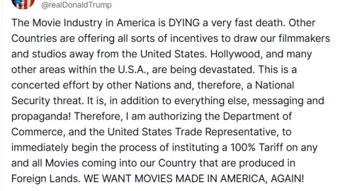 Trump anuncia impuestos del 100% a películas extranjeras