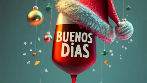 Copa de navidad con gorrito navideño y mensaje de buenos días