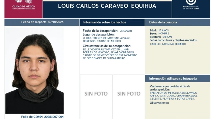 Desaparece Louis Carlos Caraveo Equihua, alumno de la Prepa 8 de la UNAM.