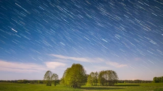 Lluvia de estrellas sobre un campo verde.