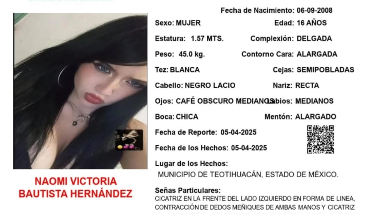 ALERTA AMBER: Naomi Victoria Bautista Hernández desapareció en el Edomex