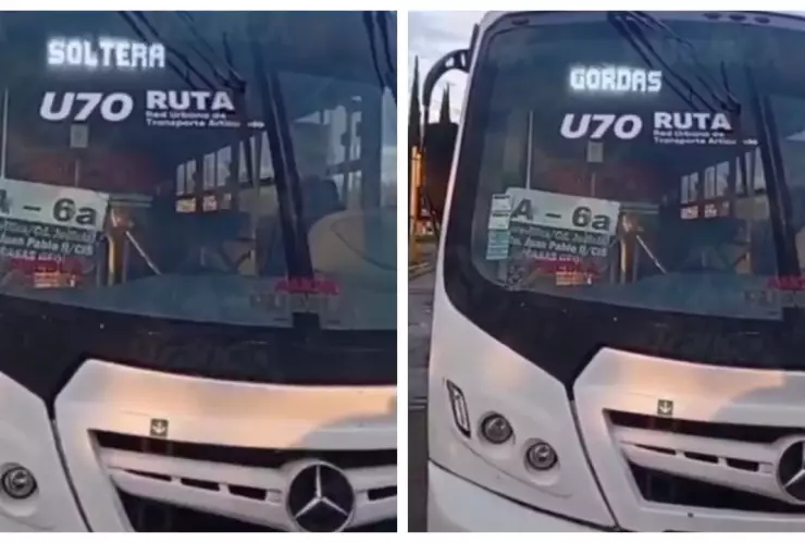 Busco mamá soltera: Gobierno de Puebla investiga mensaje misógino en camión. En la imagen, dividida en dos, se observa a detalle el mensaje ofensivo contra mujeres en un autobús de pasajeros.