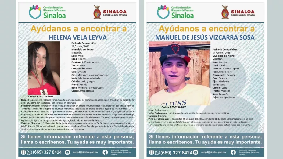 Buscan a Helena y Manuel, jóvenes de Durango desaparecidos en Mazatlán