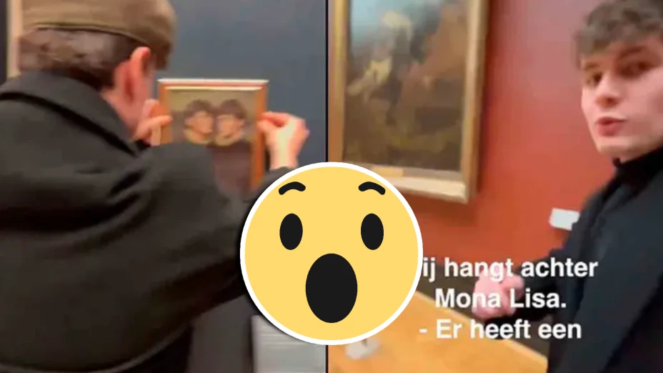 VIDEO _ TikTokers cuelgan retrato cerca de la Mona Lisa en el Museo de Louvre, en Francia.webp