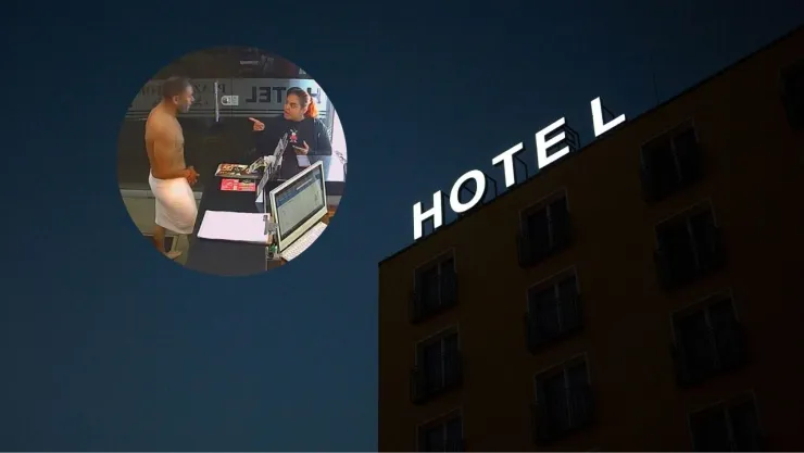 Foto de hotel y captura de pantalla de video de agresión.
