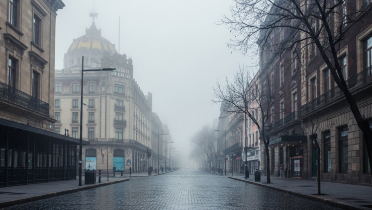 Calle del Centro Histórico de la Ciudad de México cubierta de neblina durante una mañana fría, con baja visibilidad y ausencia de peatones.