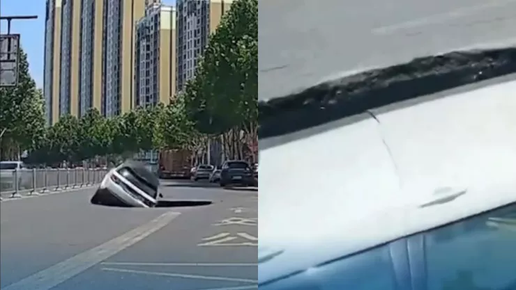 VIDEO | Captan momento en que se abre la tierra y camioneta cae sobre un enorme socavón en plena avenida