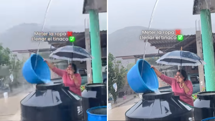 Mujer aprovecha lluvia para llenar su tinaco y se vuelve viral por su ingenio mexicano.png