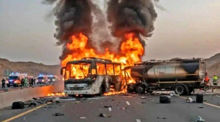 Autobús de pasajeros incendiado cerca de la ciudad de Medina en Arabia Saudita