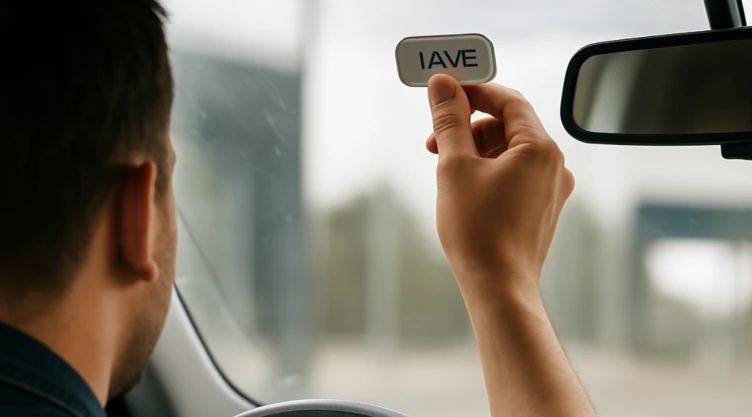 Hombre coloca el TAG IAVE en su parabrisas para pasar una caseta Capufe.