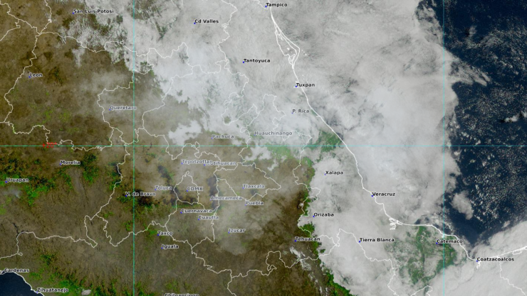Imagen de satélite en color real de una parte de México, el 9 de abril de 2026, con abundante nubosidad de estratos y cúmulos de bajo nivel, especialmente en el estado de Veracruz, la costa del Golfo de México y en partes de San Luis Potosí, Querétaro, Estado de México y CDMX, cubriendo también zonas montañosas de Hidalgo, Puebla, Tlaxcala y Veracruz. Se observan áreas despejadas en Guerrero y partes de Michoacán, Estado de México, Morelos, Puebla y Veracruz, permitiendo ver la vegetación verde oscuro. La imagen muestra límites estatales en blanco, una cuadrícula geográfica en verde claro y puntos de referencia de ciudades etiquetados en negro.