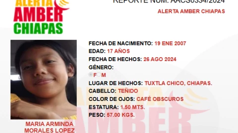 ALERTA AMBER CHIAPAS: María Arminda fue vista por última vez en Tuxtla Chico