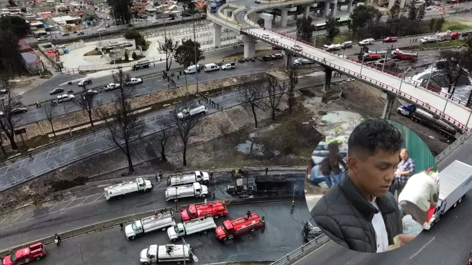 Una vista de un dron muestra a los bomberos enfriando los restos carbonizados de un tráiler, uno de los vehículos dañados en la explosión de Iztapalpa.