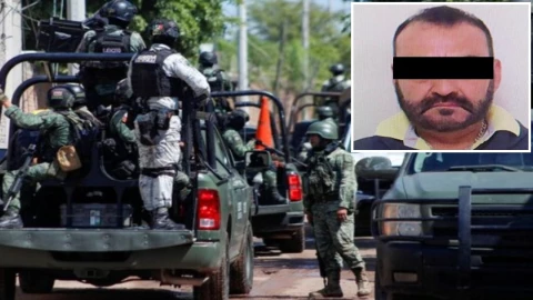 Cae ‘Don José' en Durango, líder criminal ligado a ‘Los Mayos’, por secuestro y tráfico de personas. En la imagen se observa un operativo del Ejercito Nacional Mexicano y el rostro censurado del criminal detenido.,