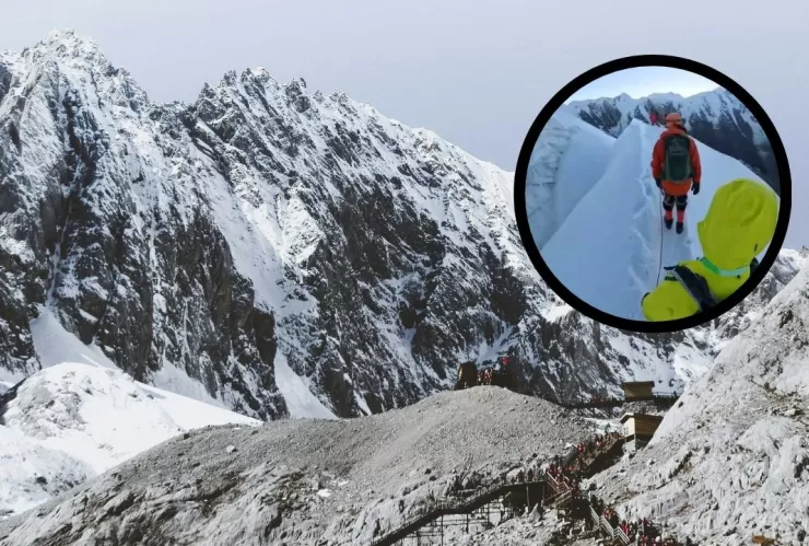 foto de montaña con nieve y captura de video de caída de alpinista en el monte Nama, China