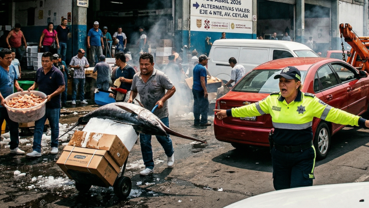 Una foto dramática y cruda a nivel de calle de un embotellamiento masivo directamente frente a la gigantesca fachada industrial de un mercado mayorista de mariscos en la Ciudad de México. El enorme edificio del mercado es claramente visible en el fondo con puertas de bodega abiertas, grandes letreros descoloridos que dicen ‘PESCADERÍAS’ y multitudes de personas jalando pescados gigantes, cajas de camarones y bloques de hielo en diablitos. En primer plano, una escena caótica: una grúa levantando agresivamente un auto estacionado ilegalmente en doble fila. Un oficial de policía de tránsito mexicano con un uniforme amarillo neón y azul oscuro está gritando y dirigiendo el tráfico.