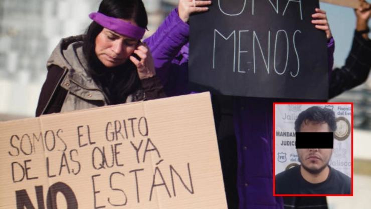feminicida y mujeres protestando por feminicidio