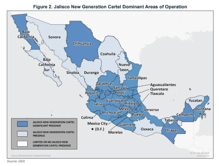 Áreas de operación dominantes del Cártel Jalisco Nueva Generación
