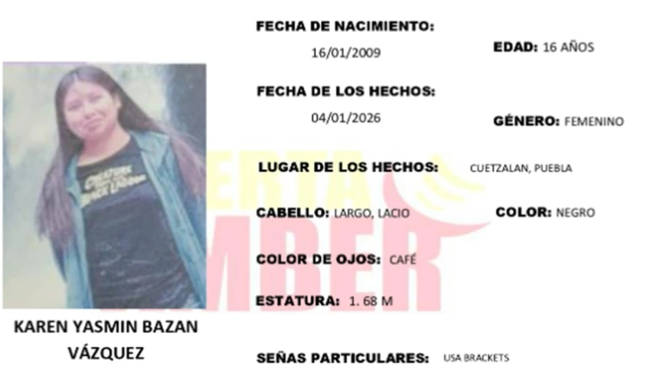 Activan Alerta Amber por desaparición de Karen Yasmin Bazan en Cuetzalan, Puebla