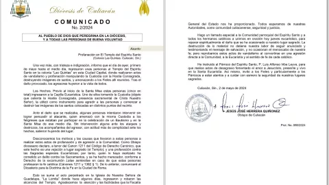 Comunicado donde excomulgan a hombres que vandalizaron Iglesia del Padre Cuco