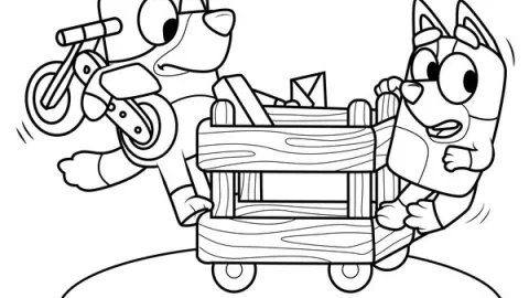 plantilla para colorear de Bluey y Bingo en sus juegos imaginativos