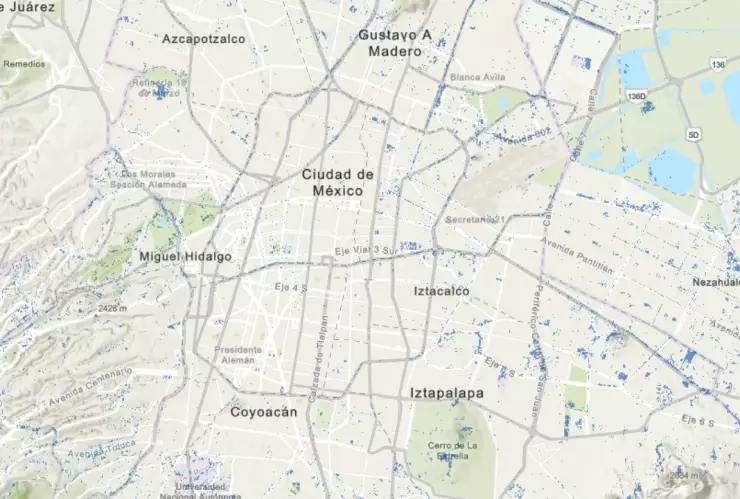 mapa con zonas inundadas en diferentes alcaldías de la CDMX
