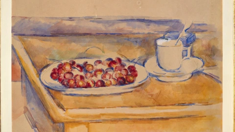 Fotografía de la pintura “Taza y plato de cerezas” de Paul Cézanne, una de las tres obras de arte robadas de la Fundación Magnani Rocca la noche del 22 al 23 de marzo en Parma, Italia. Esta imagen fue obtenida por Reuters el 30 de marzo de 2026.
