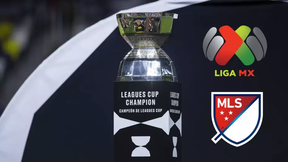 Trofeo de la Leagues Cup 2025 con los logos de la Liga MX y la MLS